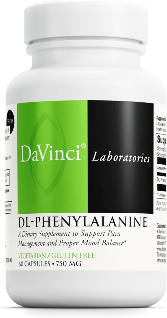 DAVINCI Labs DL-Phenylalanine - Supplément alimentaire à l'acide amino pour soutenir le confort, l'équilibre et le malaise* - avec 750 mg DL-Phenylalanine par portion - Sans gluten - 60 capsules végétariennes
