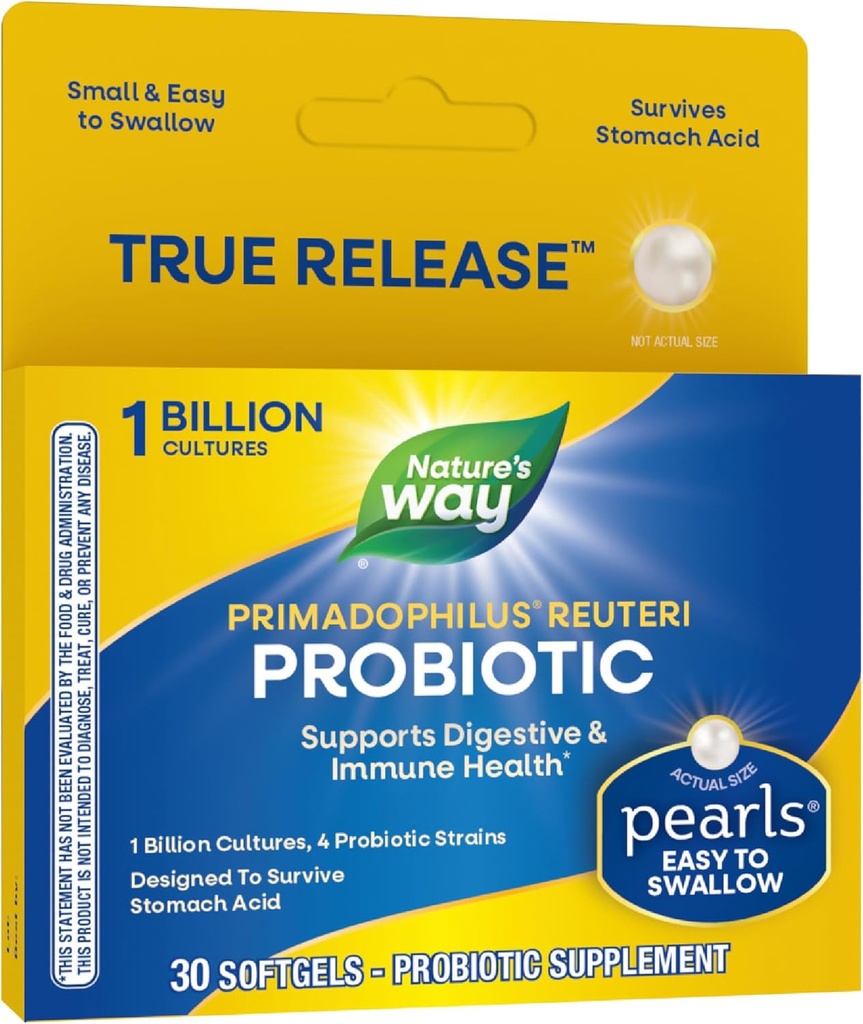 Nature's Way Primadophilus Reuteri Perles probiotiques pour les hommes et les femmes, santé digestive et immunitaire*, 1 culture de milliards, 4 souches probiotiques, survie à l'acide stomach, 30 softgels