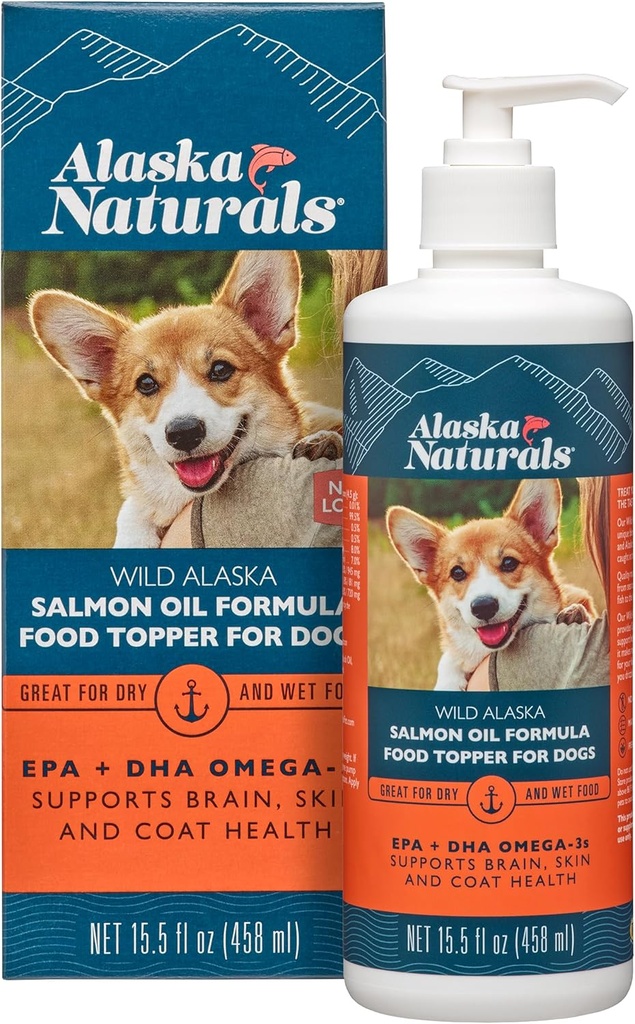 Alaska Naturals – Wild Alaska Salmon Oil Formula Dog Food Topper – EPA et DHA Omega-3 - Supplément pour une peau saine, manteau brillant – Fabriqué aux États-Unis – 15,5 oz. Bouteille de pompe