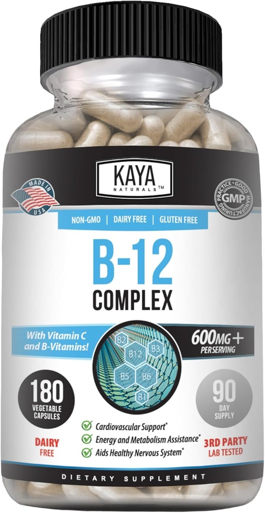 Kaya Naturals Complex B-12: supplément multivitamine pour les femmes et les hommes: supplément de vitamine avec biotine, choline, inositol, folate et vitamine C – 180 Nombre