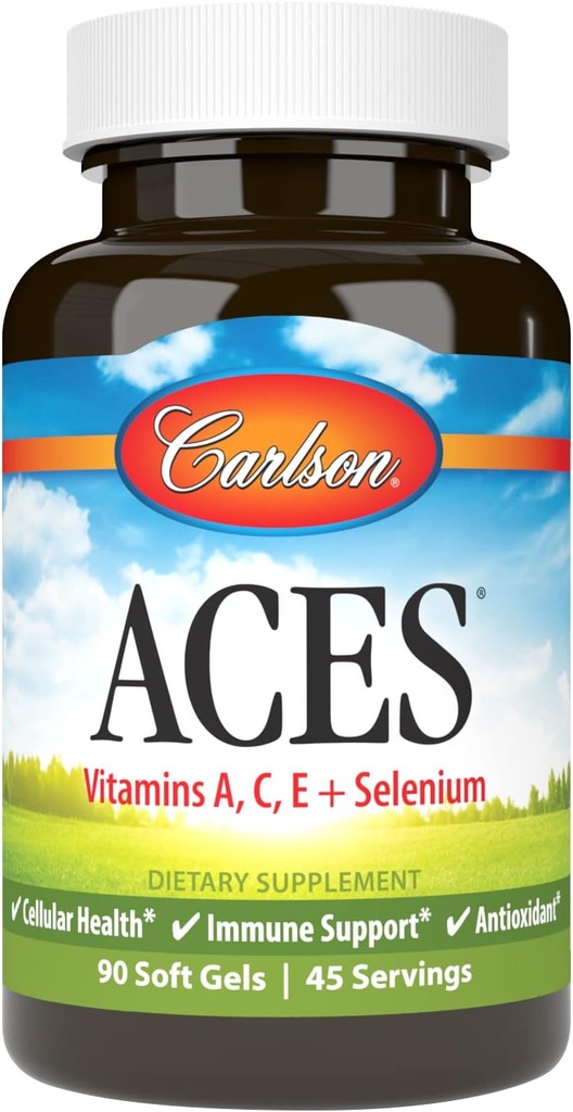 Carlson - ACES, Vitamines A, C, E + Sélénium, Santé cellulaire et soutien immunitaire, Antioxydant, 90 Softgels