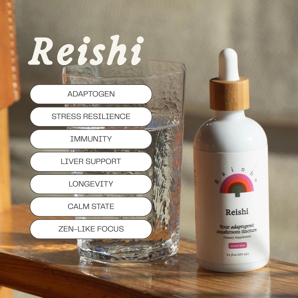 Rainbo - Teinture de champignons Reishi - Sans alcool - Supplément de champignons à double extrait - Support immunitaire, Mood, Sommeil, Supplément de Reishi liquide, Vegan, Non OGM, 3,4 fl oz