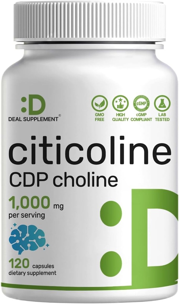Citicoline CDP Choline, 1000mg par portion, 120 Capsules – Suppléments Choline Extra Force – Nootropic B Propriétés vitaminiques – favorise la santé cérébrale, la mémoire et la concentration – non-OGM