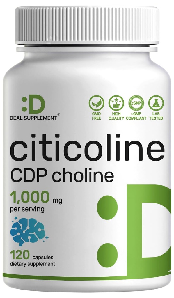 Citicoline CDP Choline, 1000mg par portion, 120 Capsules – Suppléments Choline Extra Force – Nootropic B Propriétés vitaminiques – favorise la santé cérébrale, la mémoire et la concentration – non-OGM