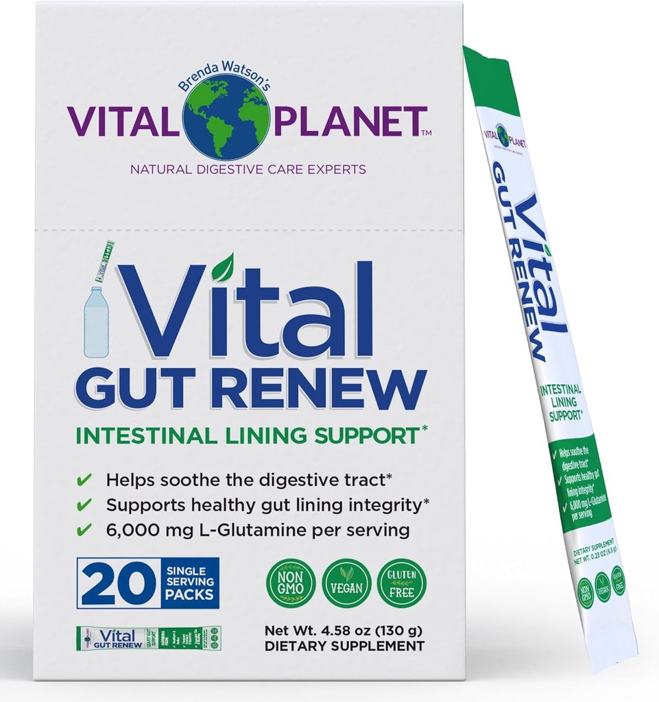 Vital Planet - Vital Gut Renew Poudre Supplément pour la réparation de Gut avec L-Glutamine, Marshmallow et Ginger Root, DGL Racine de réglisse et Aloe Vera biologique, L Glutamine 6000mg, 20 packs de service unique