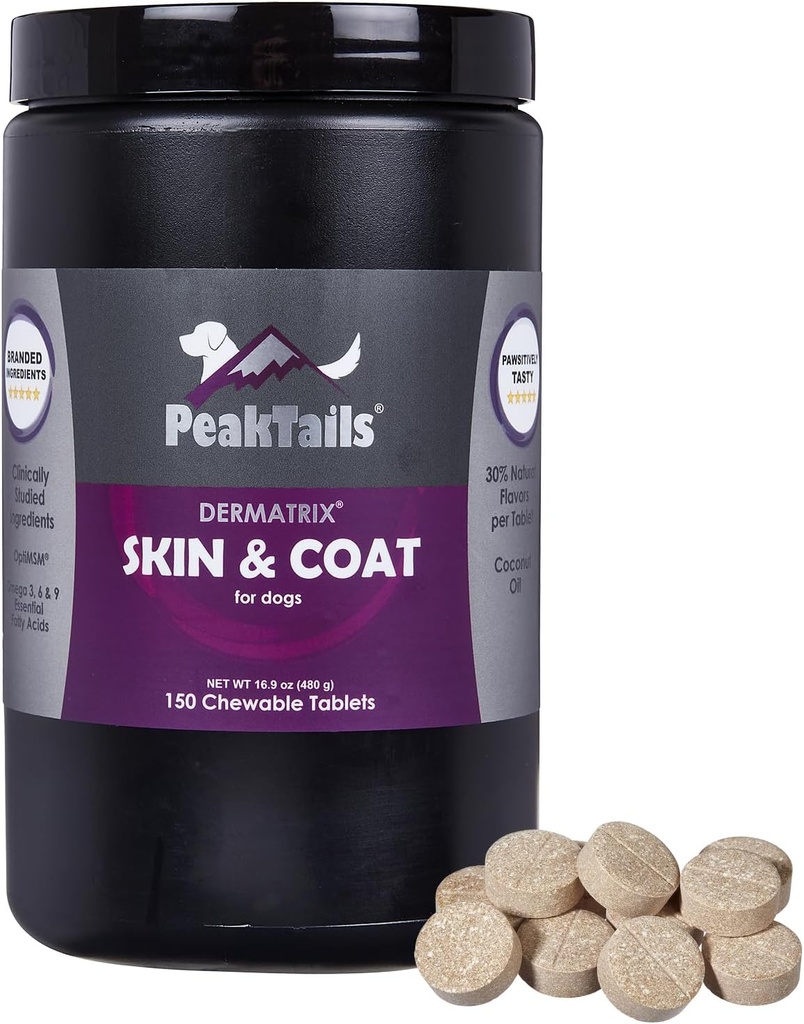 Kala Health PeakTails Skin & Coat Support pour les chiens – 150 comprimés à croquer avec MSM, huile de poisson, Omega-3 et Omega-6 – Supporte une peau saine, un manteau brillant