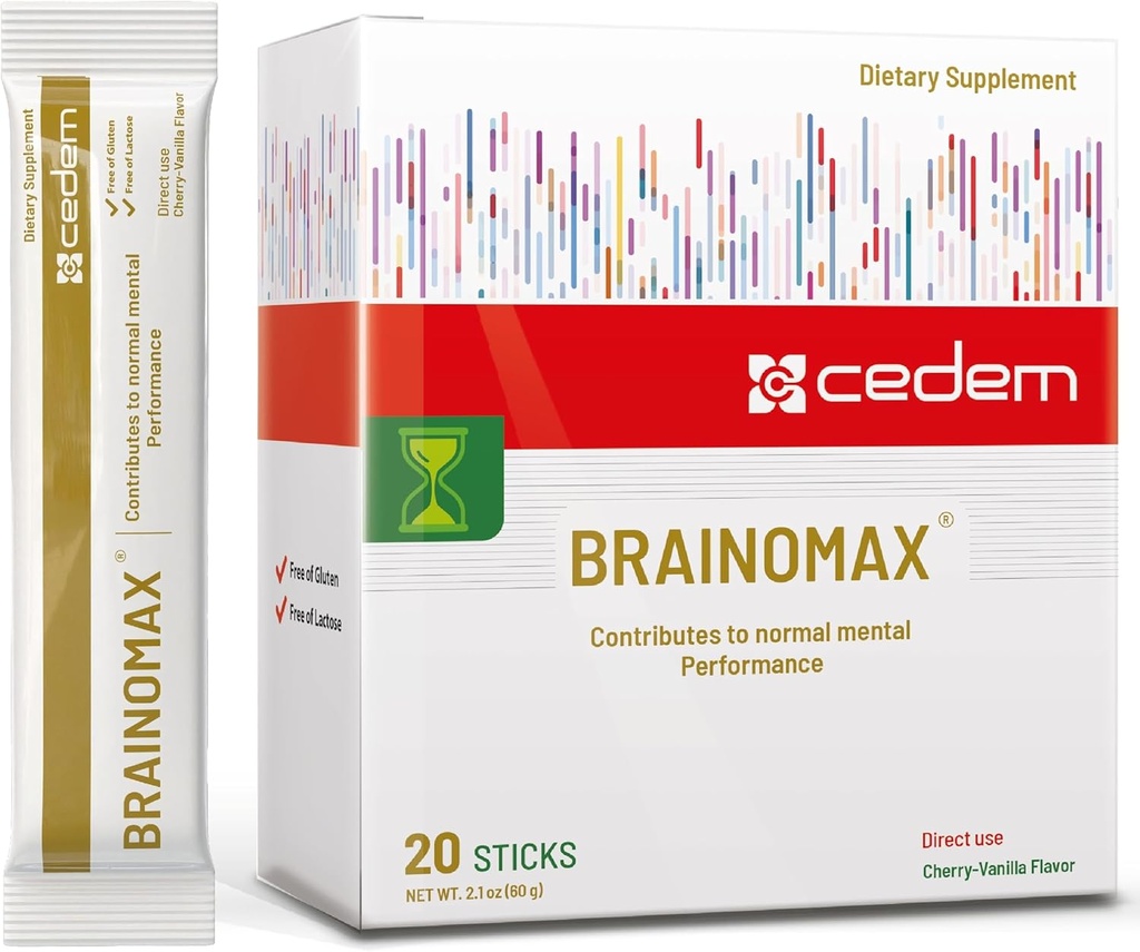 Suisse BRAINOMAX 20 Powder Sticks, Supplément Cerveau Booster, Cherry-Vanilla Flavor avec Citicoline, N-acétyl-L-Carnitine, Suppléments Cerveau Nootropic pour Mémoire et Focus, Soutien Cognitif