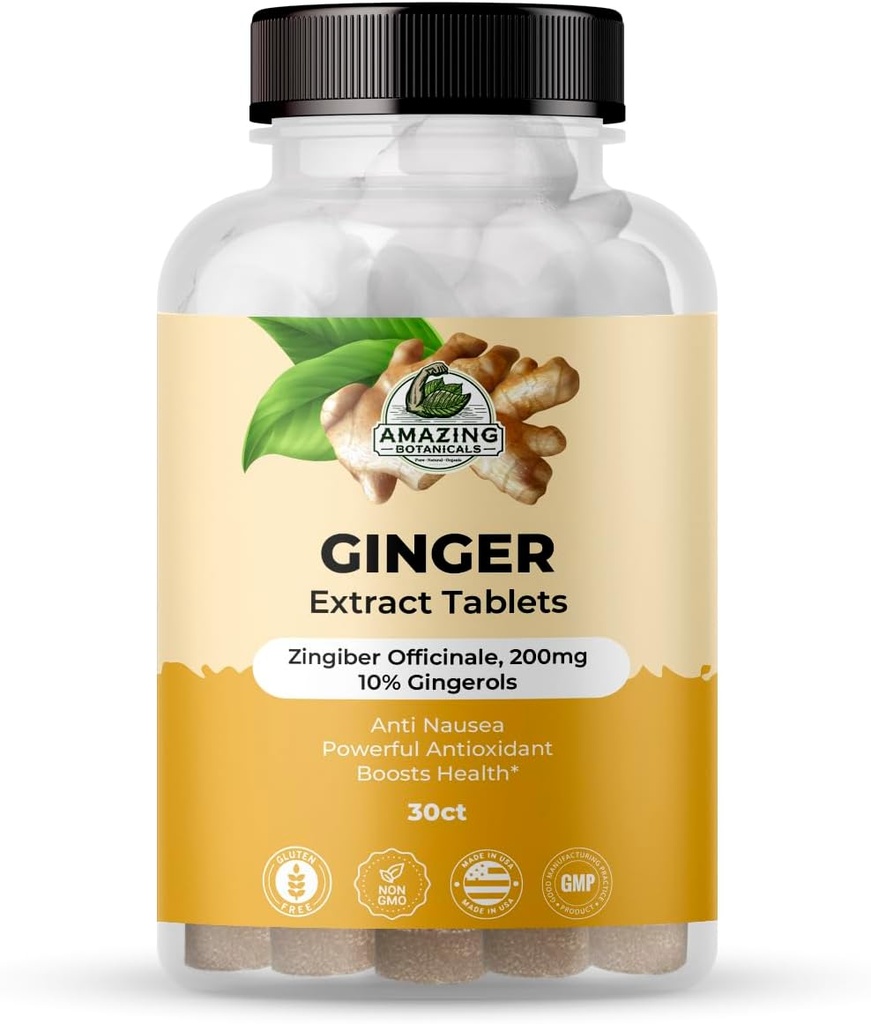 Amazing Botanicals Comprimés d'extrait de racine de gingembre 200 mg - 10% Gingerols, 20 mg par comprimé, 30 comprimés