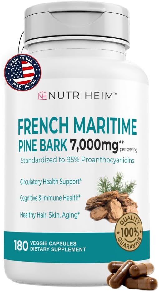 Extrait français d'écorce de pin Maritime 7000mg avec 95% Proanthocyanidines pour la circulation, la santé cardiaque, la peau, le soutien cognitif - 20:1 Ratio et 180 Capsules de légumes - Non-OGM, sans gluten, Vegan-Amis