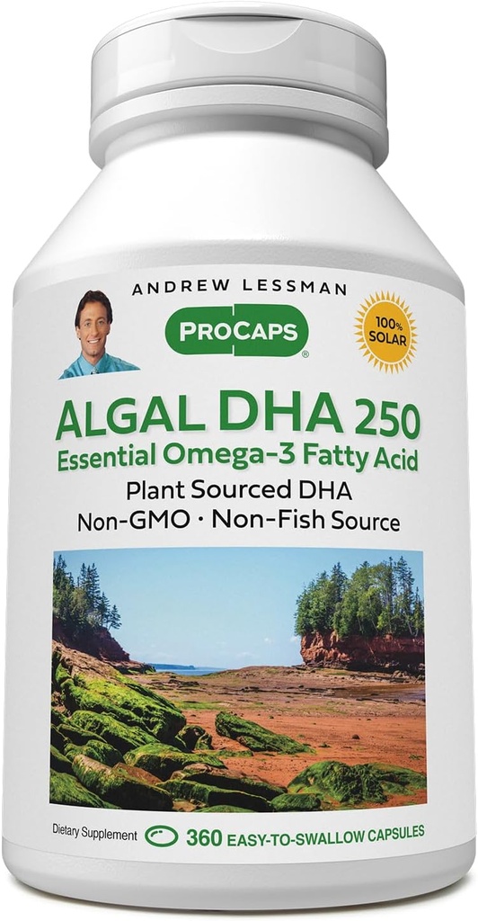ANDREW MOINSMAN Algal DHA 250mg 360 Softgels - Huiles d'Oméga-3 à base végétale, algues marines naturelles, haute DHA, non-OGM, haute puissance, pas d'embouteillage d'estomac, pas d'arrière-goût de poisson. Petit facile à avaler