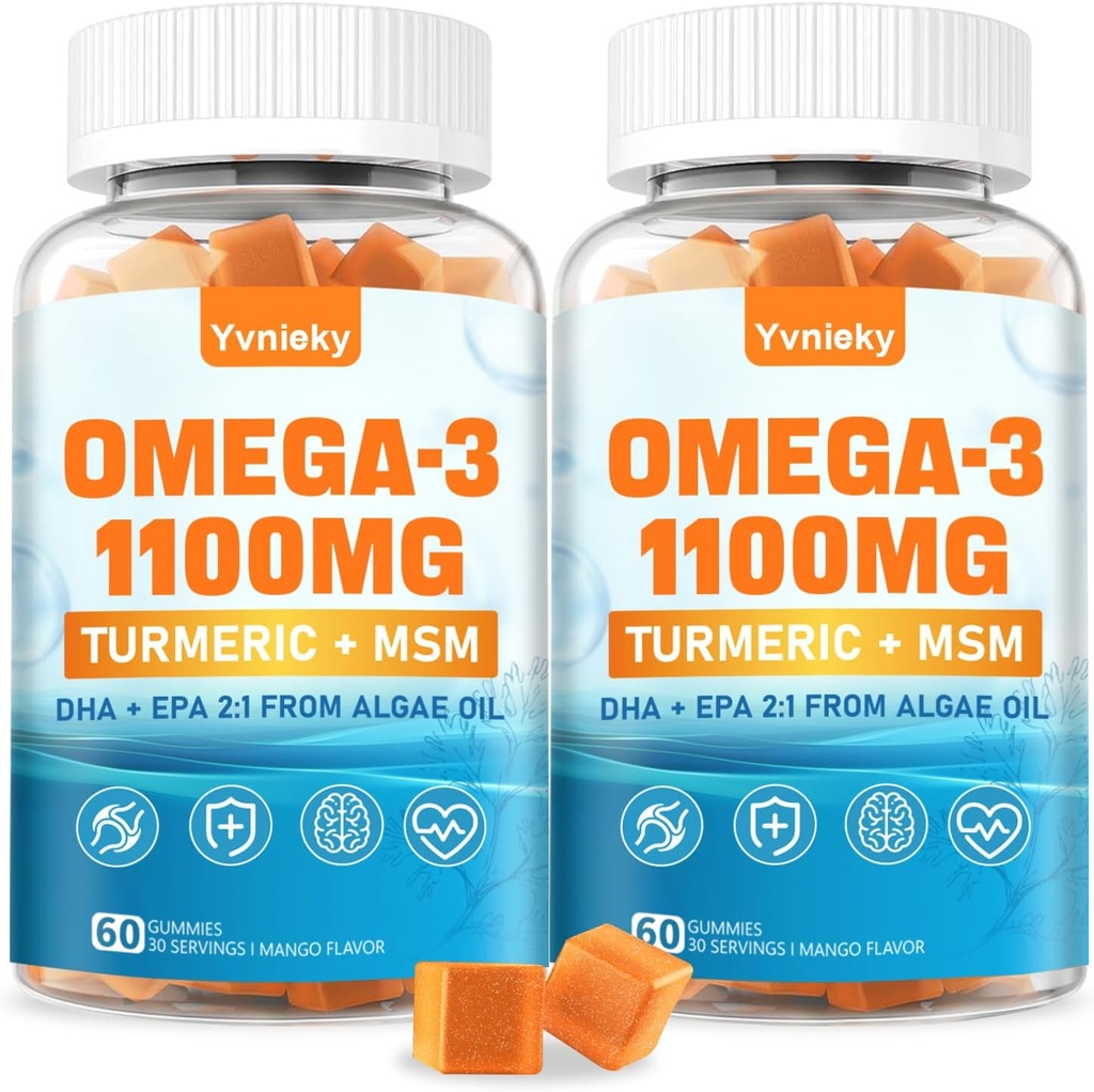 Supplément Oméga 3 végétalien Gommies 1100m pour les adultes - DHA 680mg & EPA 340mg avec curcuma, MSM, vitamine C, E, D3, Zinc - Algae Fish Oil Alternative