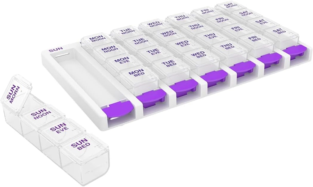 EZY DOSE Weekly (7 Day) 4 fois par jour Push Bouton Pill Organisateur et planificateur de vitamines, Pillboxes quotidiennes amovibles, Purple, Lids clairs, Petits