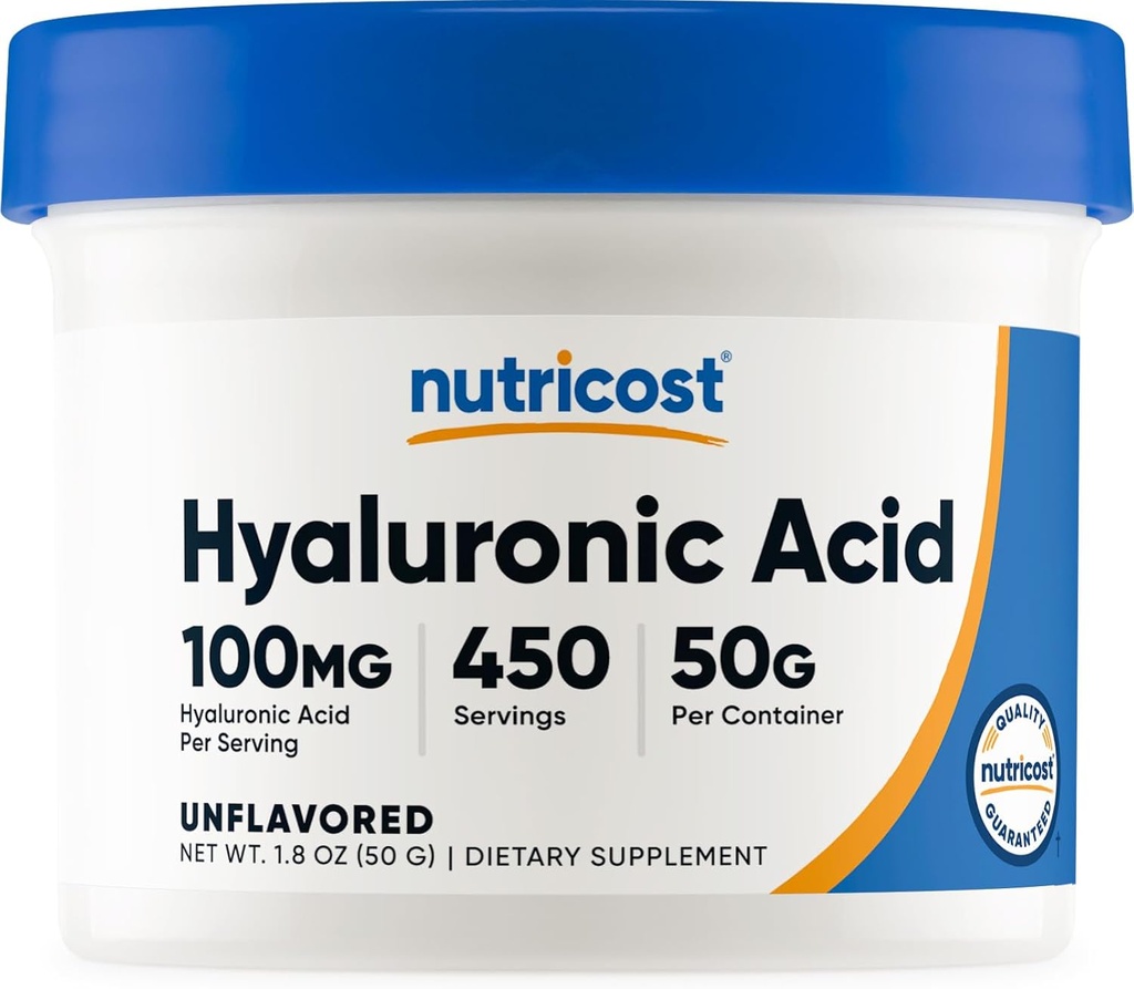 Poudre d'acide hyaluronique Nutricost 50 grammes - soluble dans l'eau, poudre fine, sans gluten, sans OGM