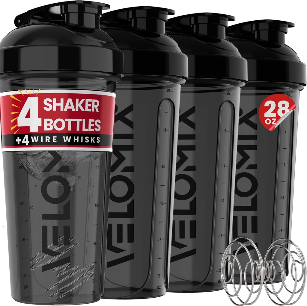 VELOMIX -4 PACK- 28 oz Protein Shaker Bottle for Protein Mixes - 4x Wire Whisk | Leak Proof Shaker Cups for Protein Shakes | Protein Shaker Bottle Pack | Protein Shake Cup(All in Black)