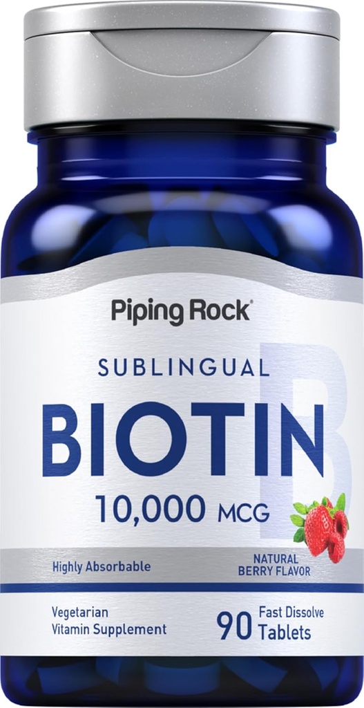 Piping Rock Biotin 10000mcg Comprimés à dissoudre rapidement $ 90 Comte $ Flavor Berry Pills sublingual $ Max Strength and High Absorption $ Végétarien, Non-OGM, Supplément sans gluten