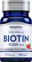 Piping Rock Biotin 10000mcg Comprimés à dissoudre rapidement $ 90 Comte $ Flavor Berry Pills sublingual $ Max Strength and High Absorption $ Végétarien, Non-OGM, Supplément sans gluten
