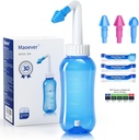 MAOEVER Neti Pot Sinus Rinse Flacon Nez Nettoyeur Pression Rincer Irrigation Nasale pour Adulte & Enfant BPA Sans 300 ml avec 30 sachets de sel de lavage Nasal et Thermomètre Sticker(Blue)
