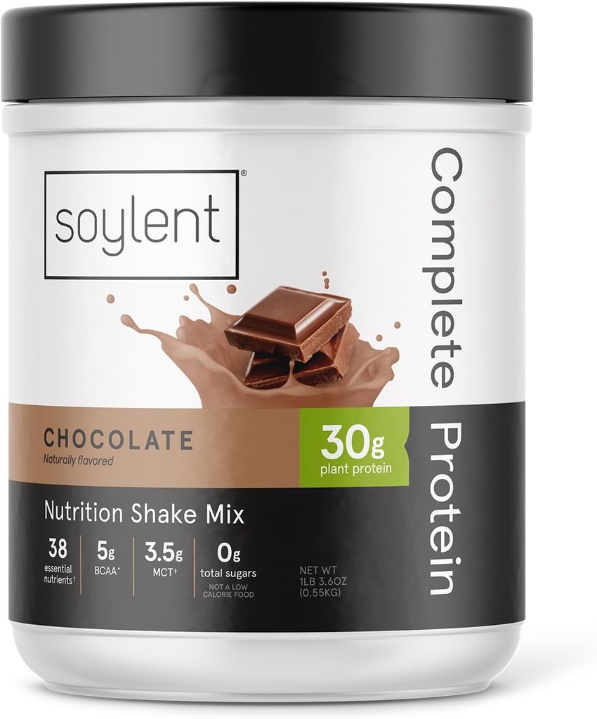 Poudre de protéines complètes de soja, chocolat, 30g Secouer de protéines pour la croissance et la récupération musculaires, BCAAs, DHA, MCT, 28 vitamines et minéraux, Zéro sucre, sans gluten, végétalien - 1,25lb