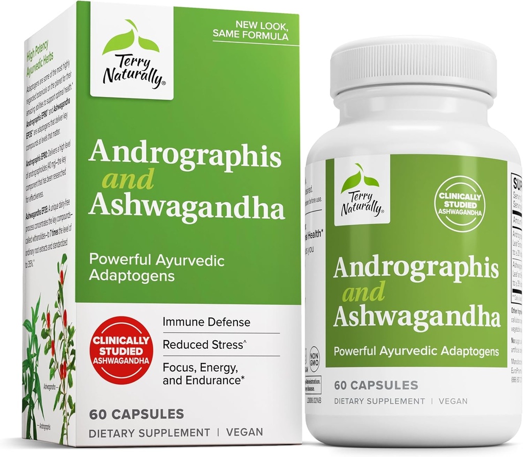 Terry naturellement Andrographis et Ashwagandha - Supplément de support du système immunitaire - Soutien Énergie et réponse au stress sain - Supplément de support énergétique - 60 capsules (60 portions)
