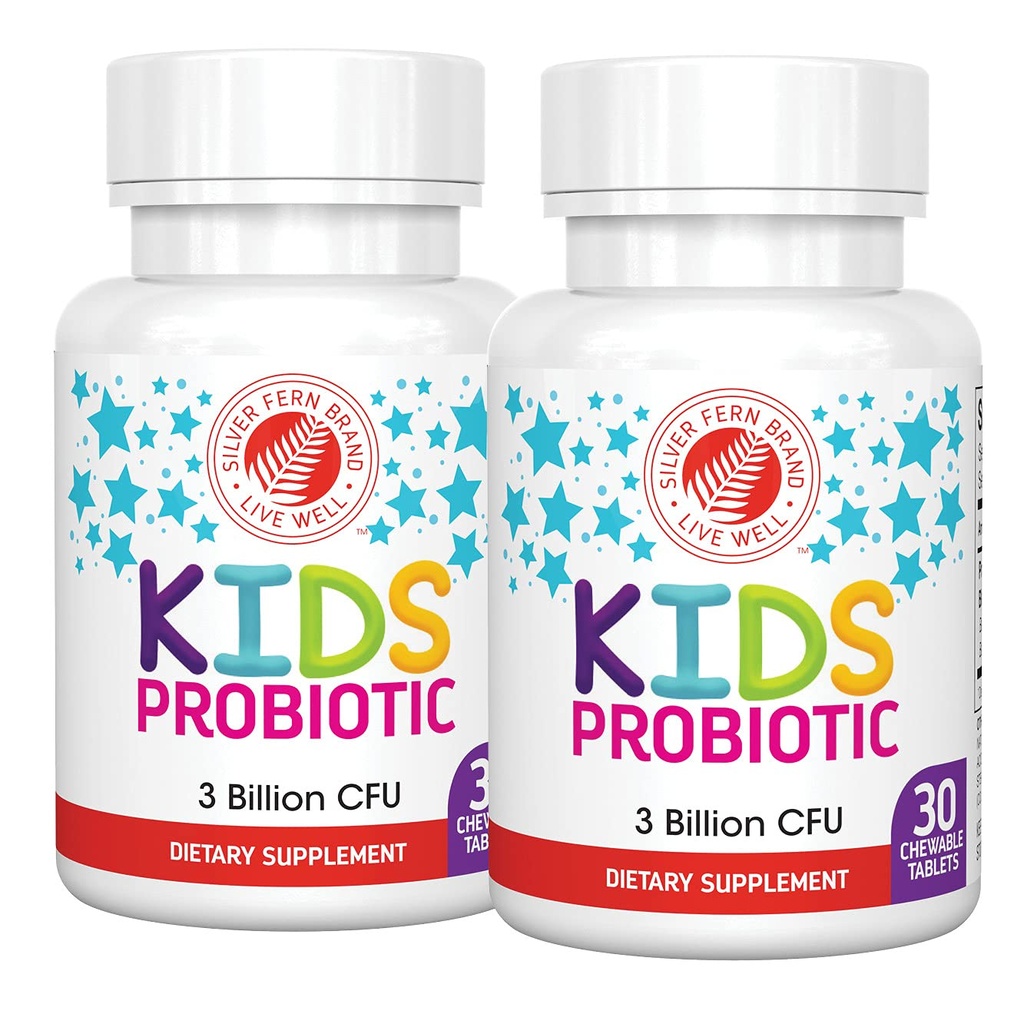Silver Fern Brand Kids Ultimate Probiotic - 2 bouteilles - 30 comprimés à croquer chacun - Sans sucre et sans gluten - Supplément alimentaire pour enfants - ADN et survie Vérifié - Soutien digestif et immunitaire