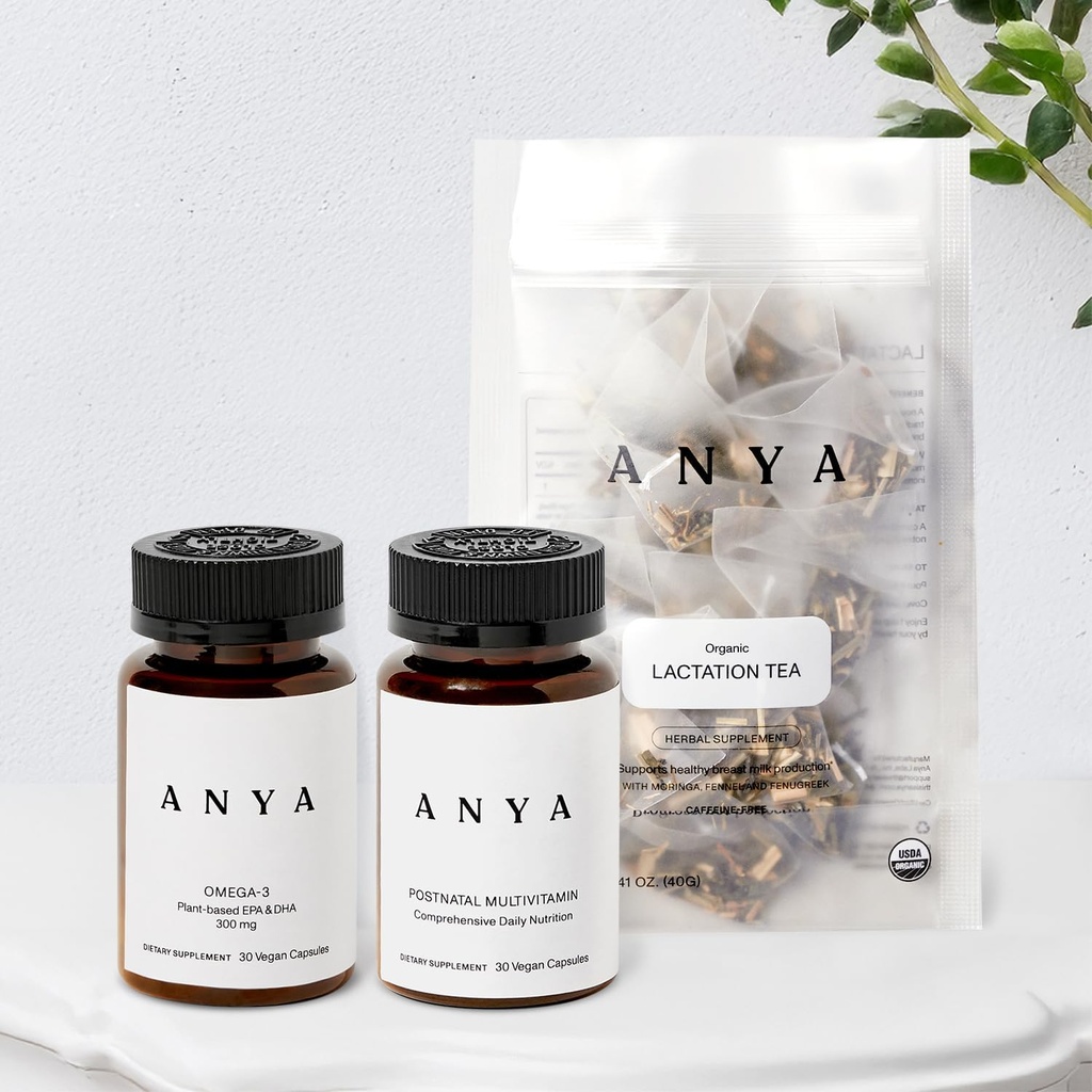 AnyA Multivitamine + Allaitement Thé Bundle Postpartum Essentiels pour les femmes, Suppléments postnatals pour l'allaitement maternel