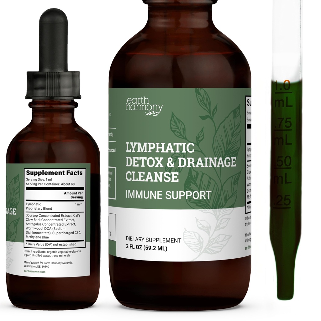 Harmonie de la Terre Gouttes de drainage lymphatique, Détox lymphatique - Supplément avec Soursop, Cat's Claw Bark, Astragalus, Wormwood, Détox ganglion lymphatique, Nettoyage du soutien lymphatique (2 Oz)