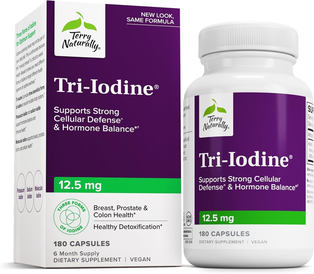 Terry naturellement Tri-Iodine - Soutien Thyroïde Santé - Aide l'équilibre hormonal avec l'iode moléculaire de Kelp - Caractéristiques Iodide de potassium et l'iode de sodium - Soutien Cerveau et énergie - 12,5mg, 180 Capsules