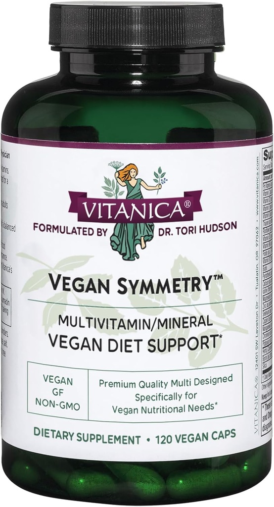 Symmétrie Vitanica Vegan, Multivitamine Vegan non OGM pour femmes, sans fer, sans gluten, 120 capsules