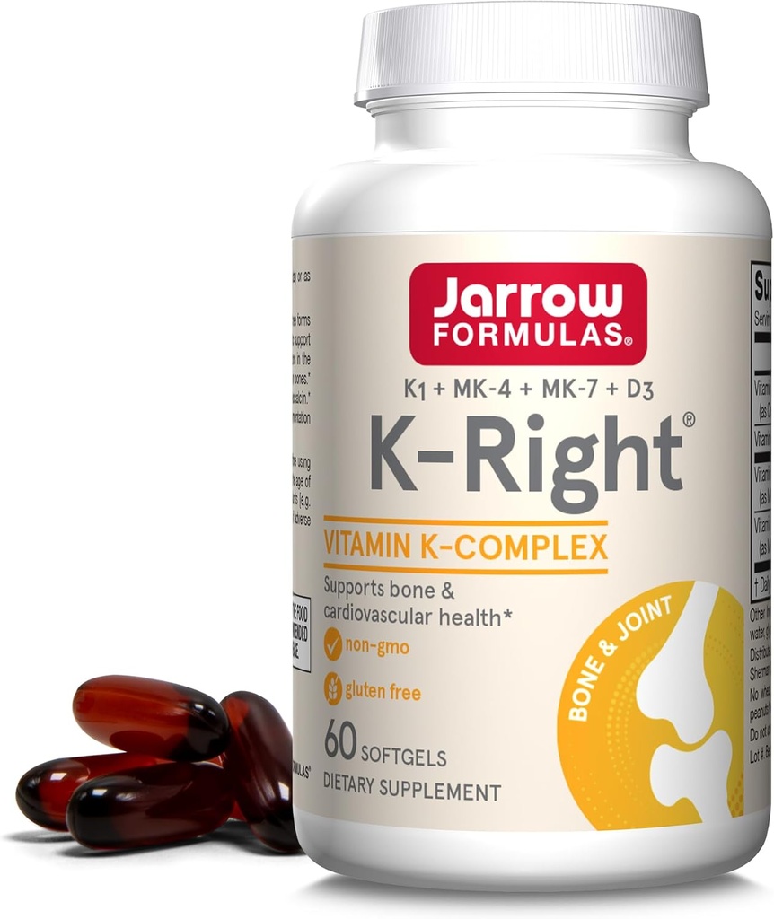 Formules Jarrow K-Droite - Complexe en vitamine K (K1, MK-4, MK-7, D3) - 60 portions (Sofgels) - Supplément alimentaire pour le soutien de la santé osseuse et cardiovasculaire - Vitamine K2 MK-7 - Sans gluten