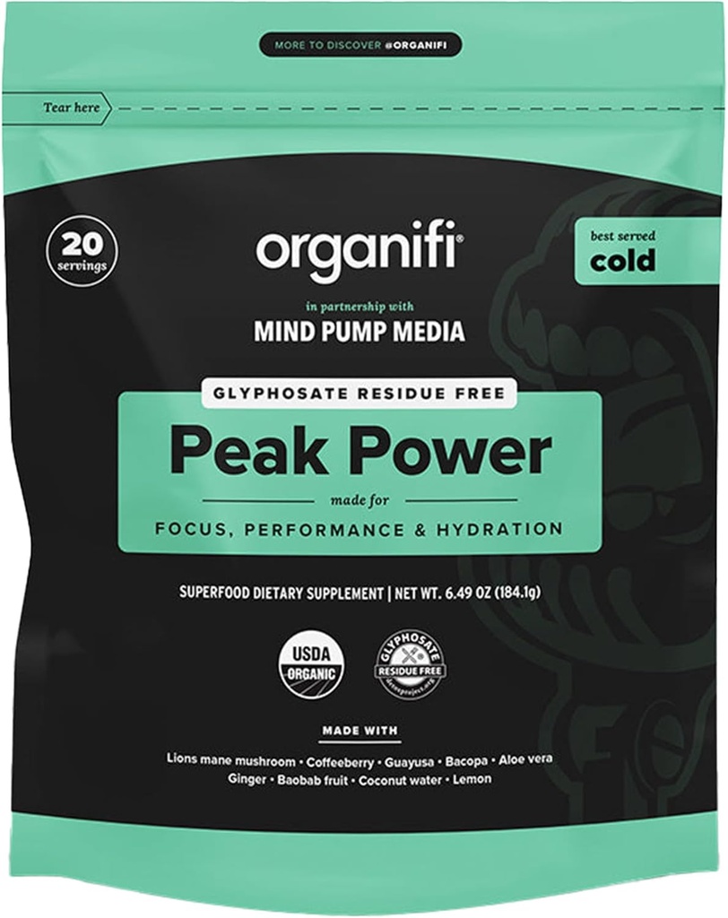 Organifi Peak Power, poudre préentraînement pour soutenir l'hydratation, avec la Mane et Guayusa du Lion