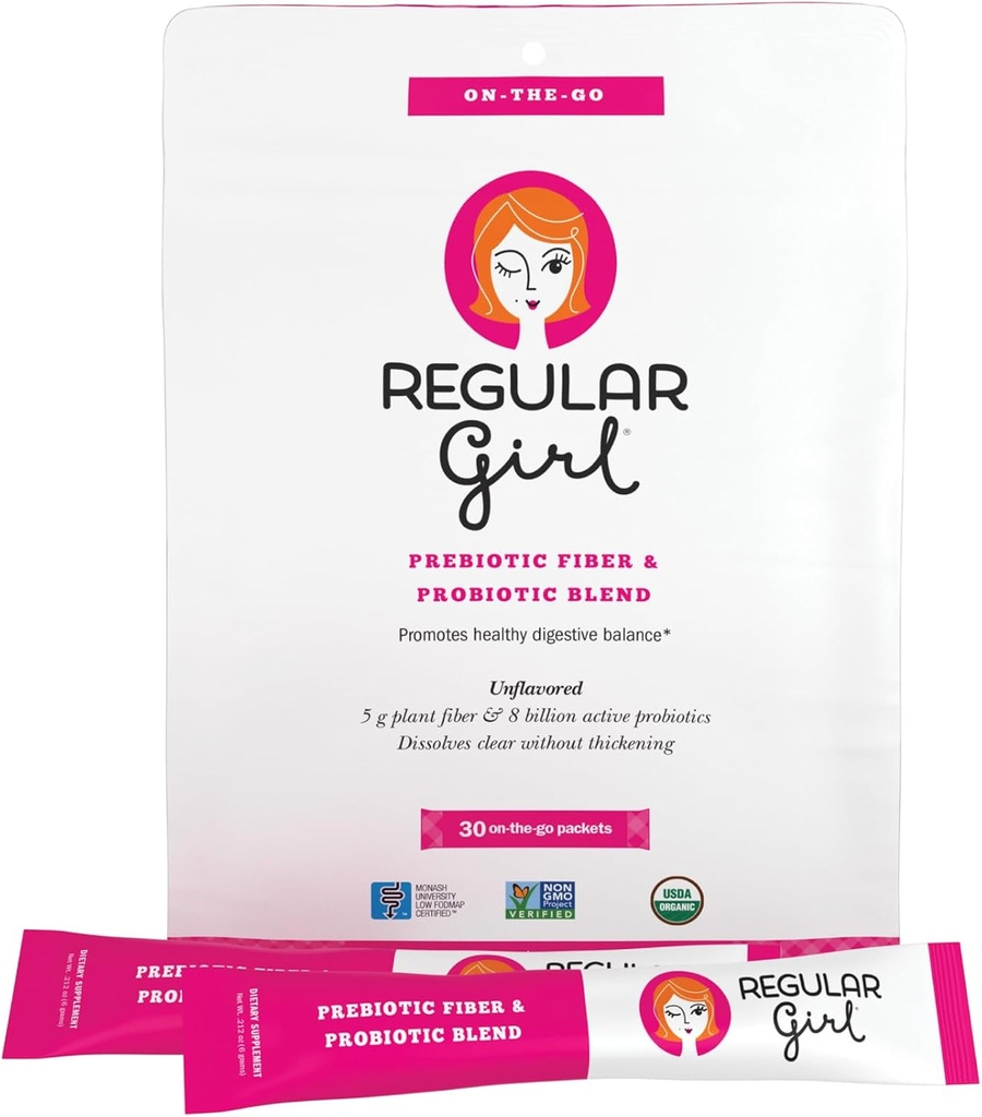 Poudre biologique régulière fille, supplément de fibre prébiotique et probiotiques pour les femmes, faible FODMAP, 30 packets sur le pouce, non aromatisé, 30 packets de service