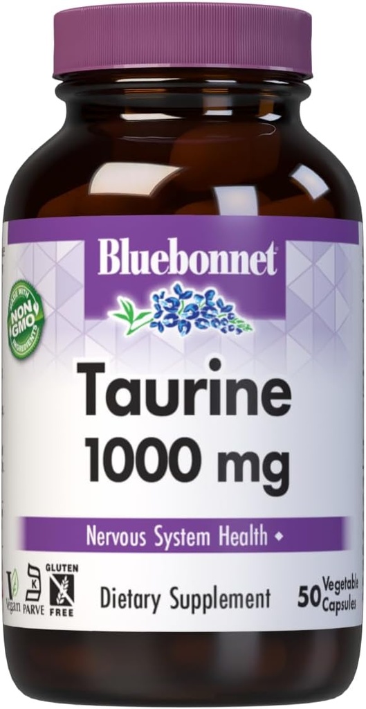Bluebonnet Nutrition Taurine 1000mg, acide amino de forme libre, pour la santé du système nerveux, sans soja, sans gluten, non-OGM, certifié Kosher, végétalien, blanc, 50 capsules végétales, 50 portions