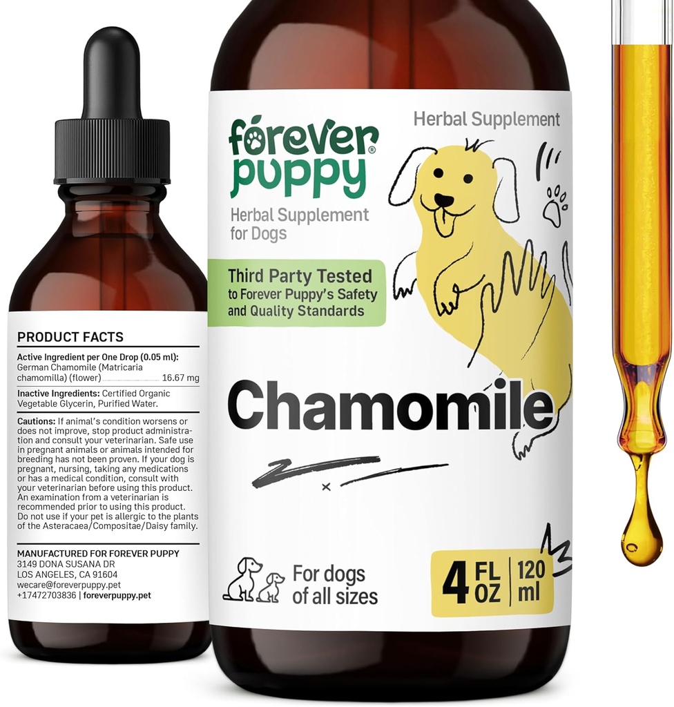 Teinture de camomille pour les chiens - Extrait liquide de camomille pour le dégazage et le nettoyage - Supplément de santé digestif liquide pour chiens de toutes races et tailles - 4 oz