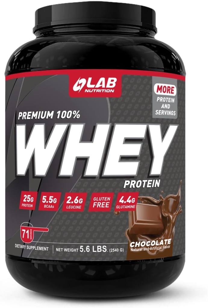Lab Nutrition Premium, 100% de poudre de protéines de lactosérum, construire muscl, sans gluten, 25 g de protéines, goût délicieux de chocolat, 5,6 Lb - 71 portions