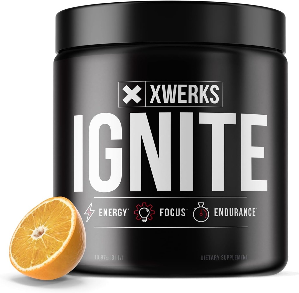 Xwerks Ignite Orange pré-entraînement en poudre, naturel Keto pré-entraînement pour les femmes et les hommes avec l'énergie explosive, mélange sans gluten pour l'endurance et l'endurance, 150mg caféine, 30 portions