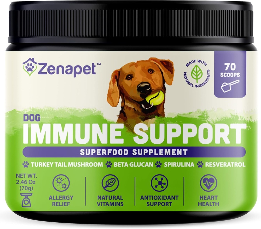 ZENAPET Dog Immune Support Premium Powder Topper, Turkey Tail, Spirulina & Beta-Glucan, Supporte un système immunitaire sain et la digestion, Human-Grade, Fabriqué aux États-Unis