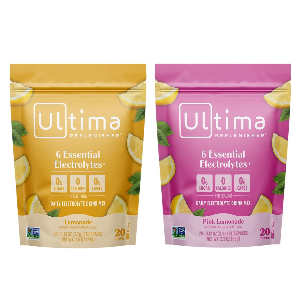 Ultima Replenisher Mélange de poudre d'électrolyte – Sans sucre – Cimonade et citronade rose, 20 Stickpacks – 6 Electrolytes et Minéraux – Keto Friendly, Vegan, Non-OGM