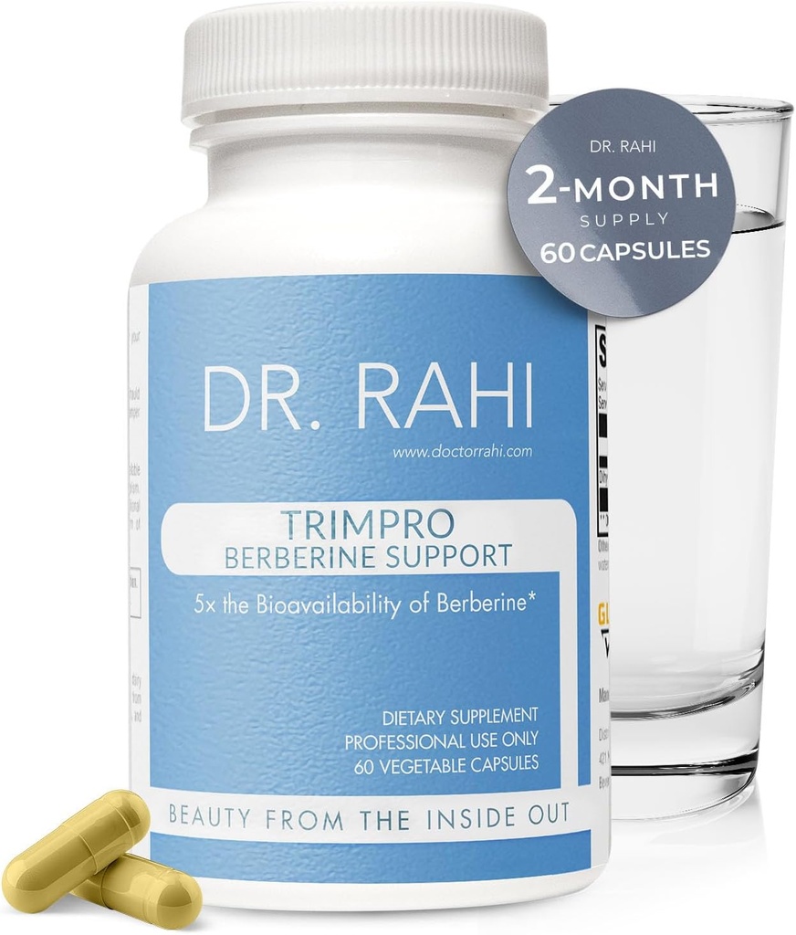 Dr. Rahi Berberine Supplément 200mg - 60 Capsules Dihydroberberine Suppléments, Métabolisme + Supplément de soutien immunitaire - Supplément HCL pour faible acide stomachique - Sans gluten + Non-OGM - Trimpro