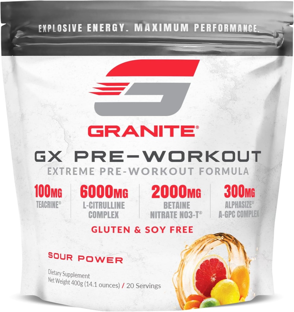 Granite GX Pre Workout Supplement, Sour Power Flavor, supporte Focus, Énergie, & Performance avec Teacrine, L-Citrulline, Betaine, & A-GPC (20 services)