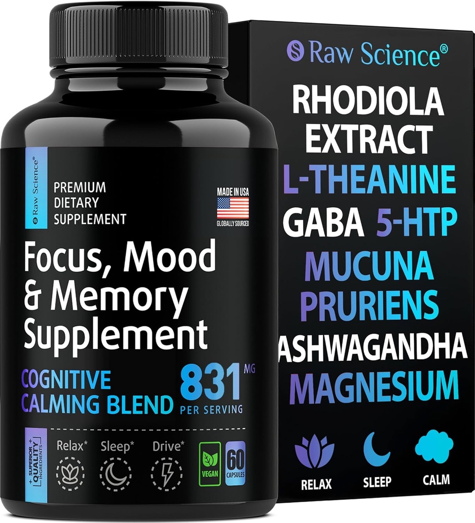Suppléments Cerveau pour la Mémoire et la Focus - Ashwagandha, L Theanine, Extrait Rhodiola, GABA, 5HTP - Nootropic, Mood Support & Cortisol - Magnésium Oxyde, Mucuna Pruriens - 60 Capsules