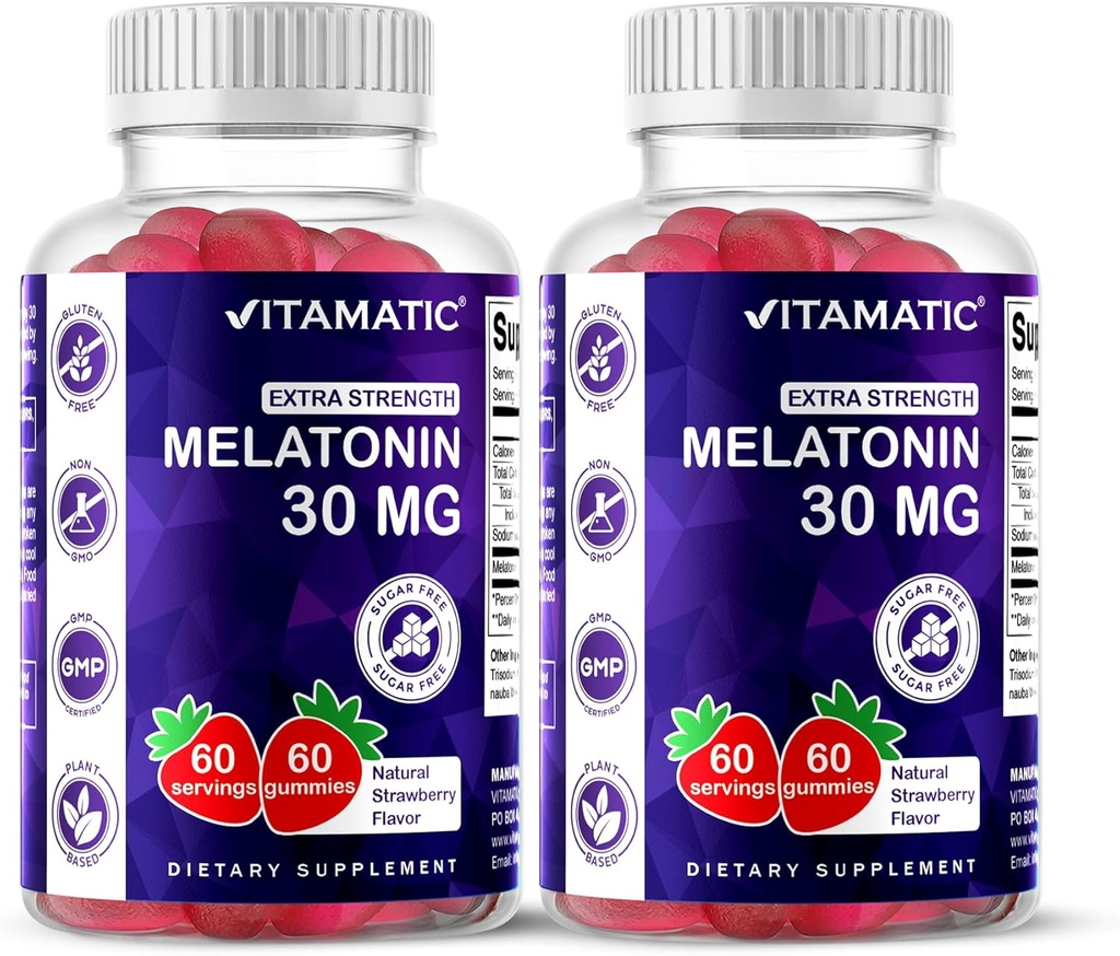 Mélatonine sans sucre vitamatique 30mg par gummy - 60 portions - 60 gummées végétariennes - Supplément de formation non-habitant (60 comtes (paquet de 2))