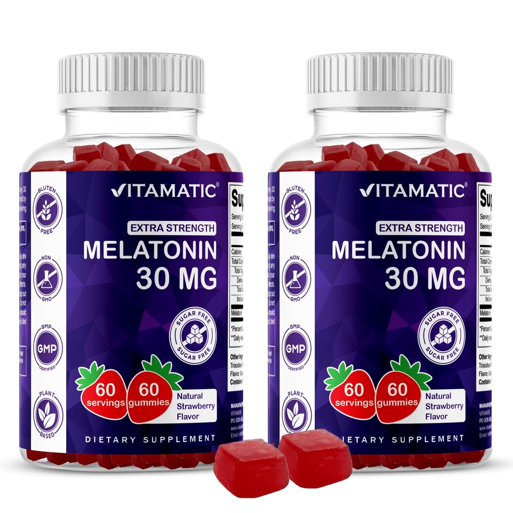 Mélatonine sans sucre vitamatique 30mg par gummy - 60 portions - 60 gummes végétariens - Supplément de formation non-habitant (60 comtes (paquet de 2))