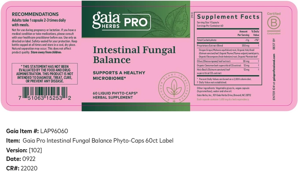 Gaia Herbs Pro Balance Fongique intestinale - Supplément de soutien à la digestion* - Supplément de soutien pour nettoyer* avec la feuille de basilic sainte, l'écorce de cannelle et la racine de raisin de l'Oregon - 60 bouchons de phyto liquide (60 portions)