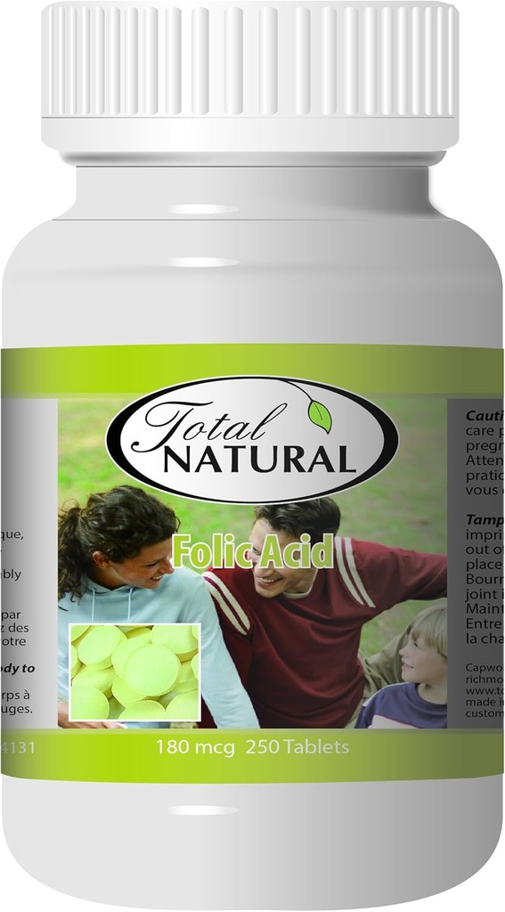 Acide folique 180mcg 250t [1 bouteille] par total naturel, bon pour les femmes enceintes, développement sain des globules rouges