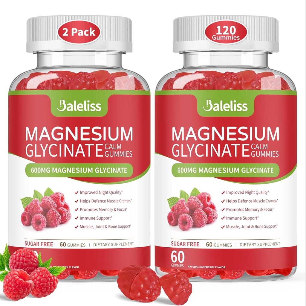 Glycinat de magnésium 600mg, sans sucre Glycinat de magnésium à croquer avec vitamine D, B6 et CoQ10 Soutien sommeil, relaxation, soulagement du stress et humeur calme pour les adultes 120 Gymnies (2 Pack)