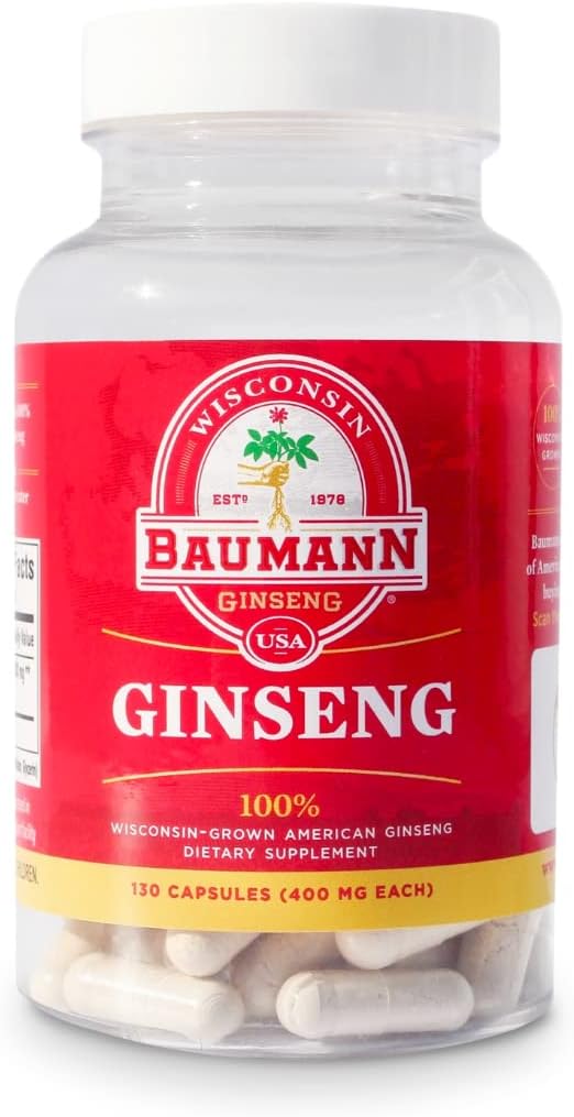 Baumann Wisconsin Ginseng Capsules 130 Pills 400 mg – Pure American Ginseng Root Extract Powder in Chaque Pill - Supplément Ginseng Panax 100% naturel pour le soutien immunitaire, la focalisation et l'énergie