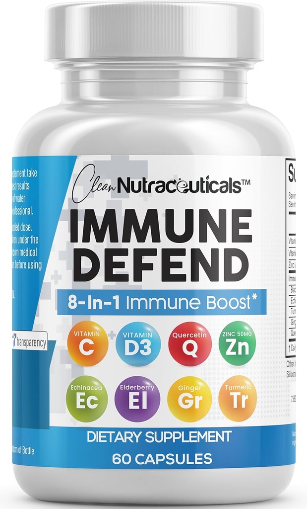 Nutraceutiques propres Supplément de défense immunitaire 8 en 1 avec Zinc 50mg Quercetin, VIT C 1000mg, Vitamine D3 5000 UI, Elderberry, Ginger - Système d'immunité Booster pour les adultes, Vegan - 60 Compte