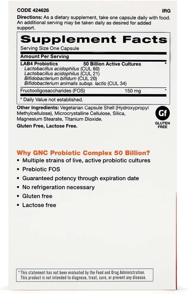 Complexe probiotique GNC avec 50 milliards d'UFC, Twin Pack, 30 capsules par bouteille, soutien probiotique quotidien