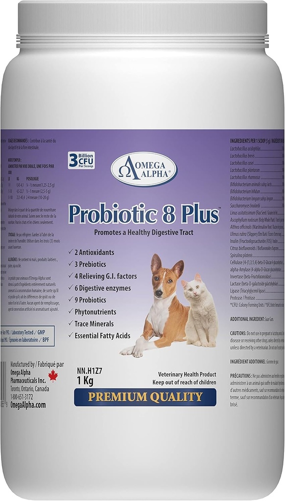 Probiotique 8 Plus Probiotiques Animaux de compagnie enzymes et fibre pour la digestion , supplément digestif à base de plantes naturelles , réduit l'indigestion , spécialement pour les chats et les chiens (1kg,1000g)