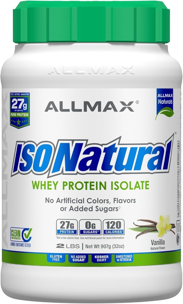 Tombow ALLMAX ISONATURAL Isolation des protéines de lactosérum, Vanille - 2 lb - 27 grammes de protéines par scoop - Zéro gras et sucre - 99% Sans lactose - avec prébiotiques - Pas d'arôme artificiel - Env. 29 portions